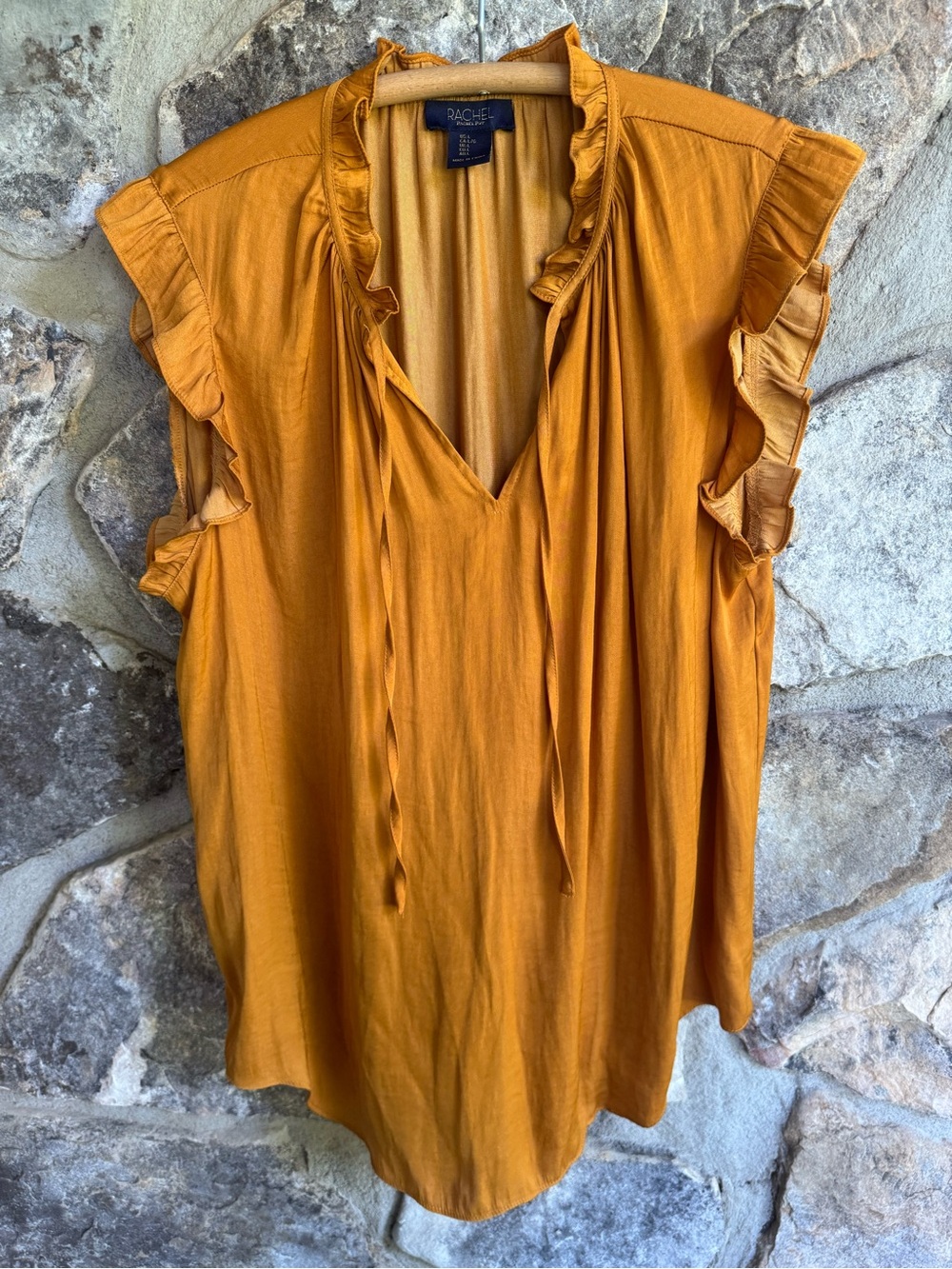RACHEL Rachel Roy Mustard Ruffle V-Neck Tie Blouse Sleeveless Large Office